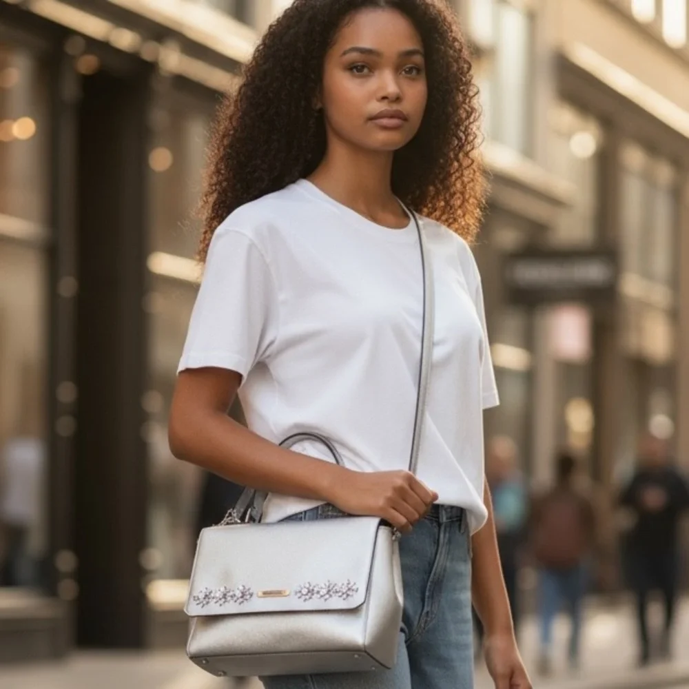 Michael Kors satchel crossbody Saffiano leather metallic silver crystal floral - Picture 2 of 16